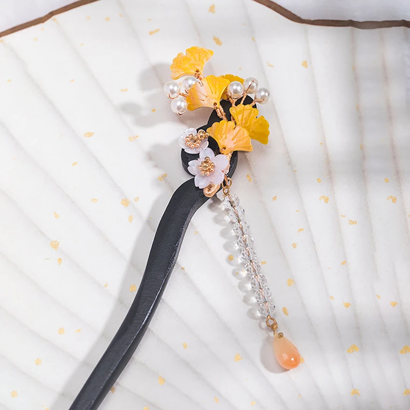 * ใบแปะก๊วยผมสไตล์จีน Cheongsam อุปกรณ์เสริมผมไม้พู่ Hairpin ตะเกียบ Vintage หญิง Tiaras เครื่องประดับ