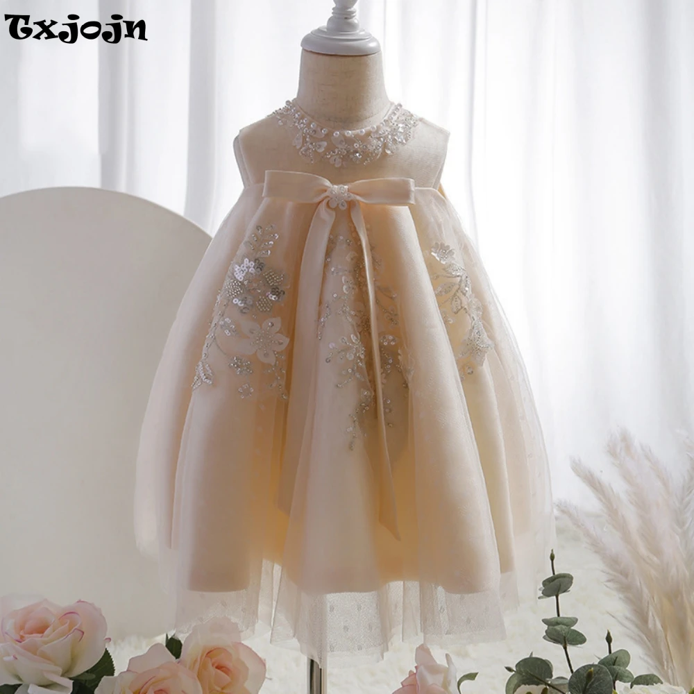 

2025 Hot Sale O-neck Sleeveless Girls Dresses Host Costume Cute Sequined Beads Appliques Kds Princess Gown For Birthday Party