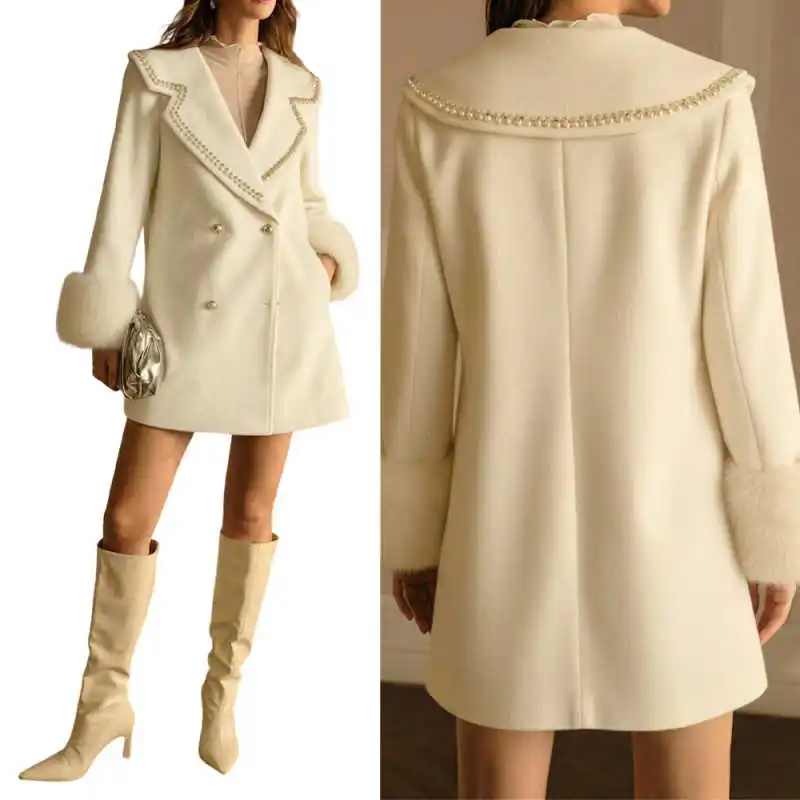 

Winter New Women Overcoat 1 Piece Double Breasted Jacket Pearl Wool Coat High-End Cashmere Warm Coat Customized
