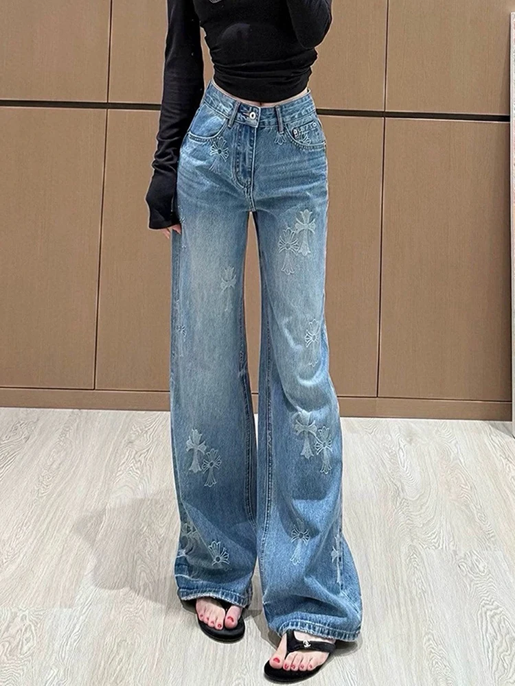 

Y2K Джинсы с высокой талией Женские американские крестообразные жаккардовые вышитые прямые брюки Узкая версия Широкие брюки Новый элитный стиль