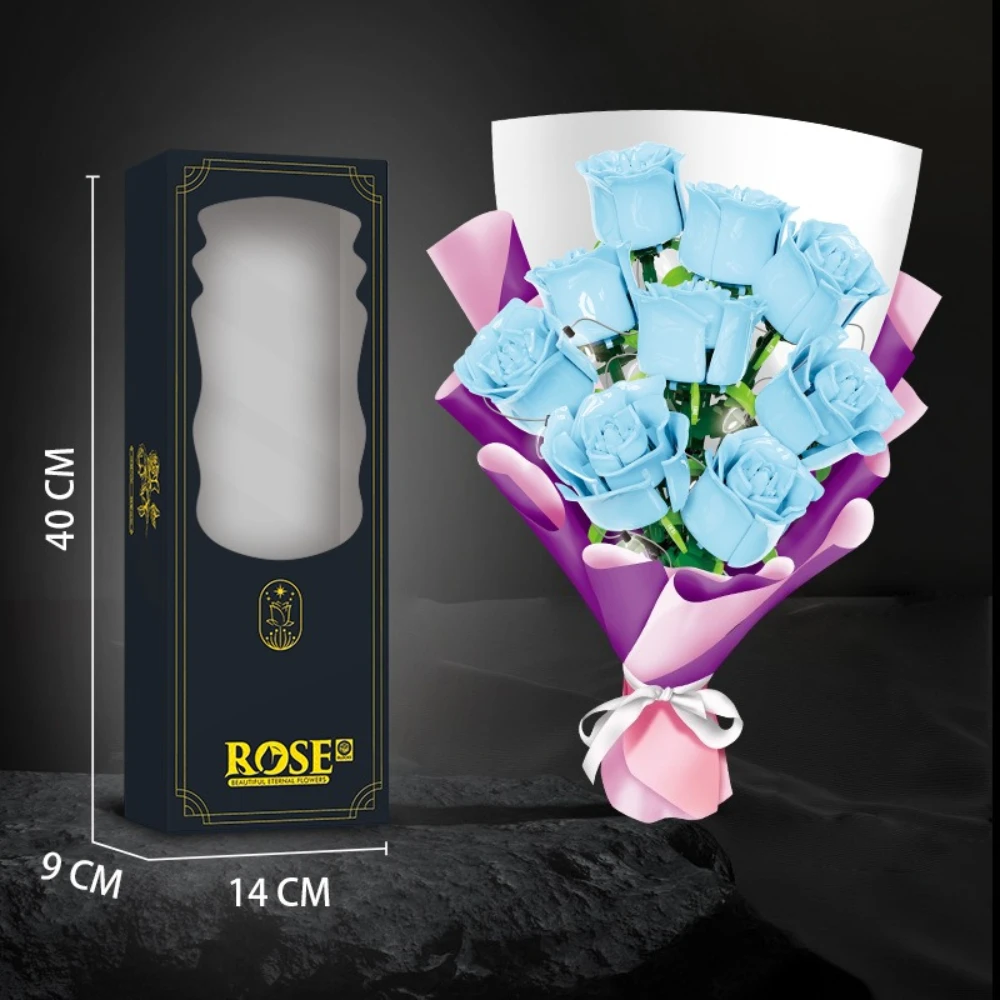MOC Crystal Black Purple Red Rose Pink Blue Rose Flower Building Blocks Set Wedding Bouquet Plant Toys Children Birthday Gifts