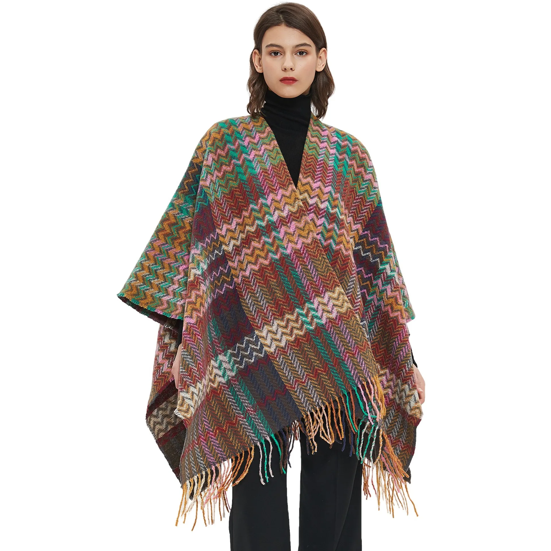 

A Lady's Autumn and Winter National Wind Multi-color Shawl Draped Cloak Padded Scarf Cloak To Keep Warm E971