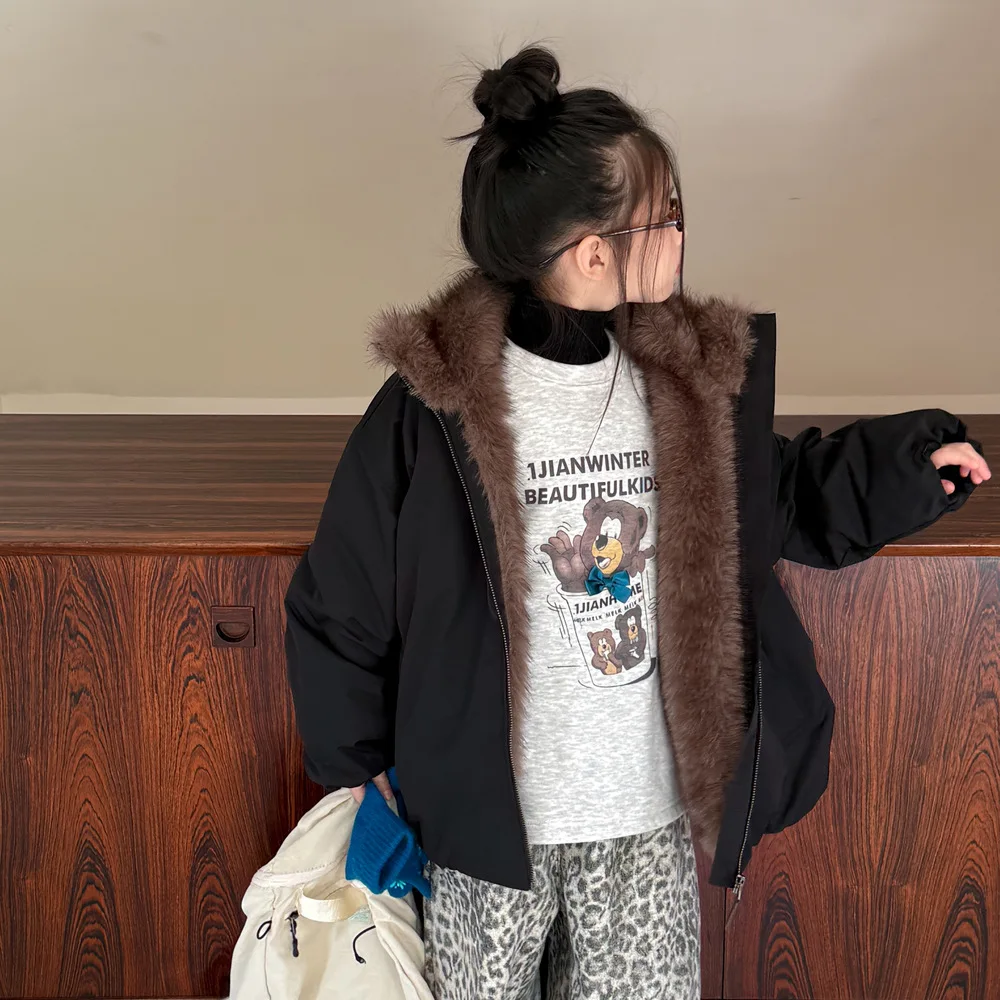 

Корейская детская куртка для девочек из искусственного меха, бархатная верхняя одежда на молнии для маленьких девочек, пальто, свободное универсальное теплое пальто для маленьких девочек