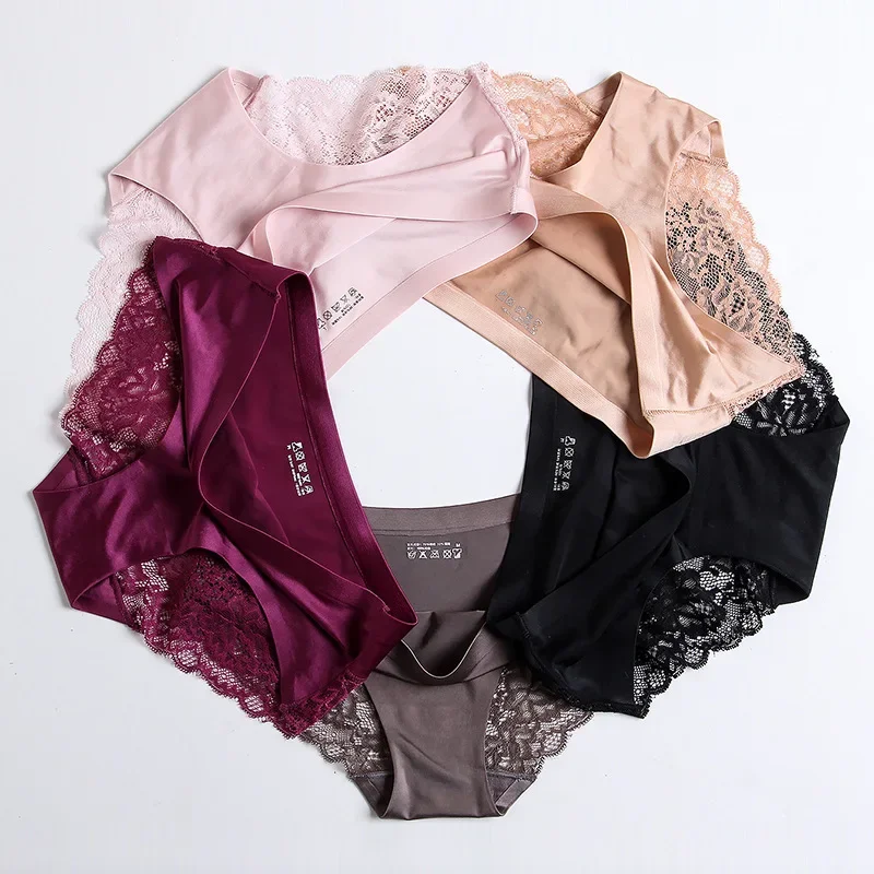 1Pcs Soft Women Seamless Panties Luxury Sexy Lace Silk Splice Underwear Breathable Intimate Brief Plus Size Panties image 3