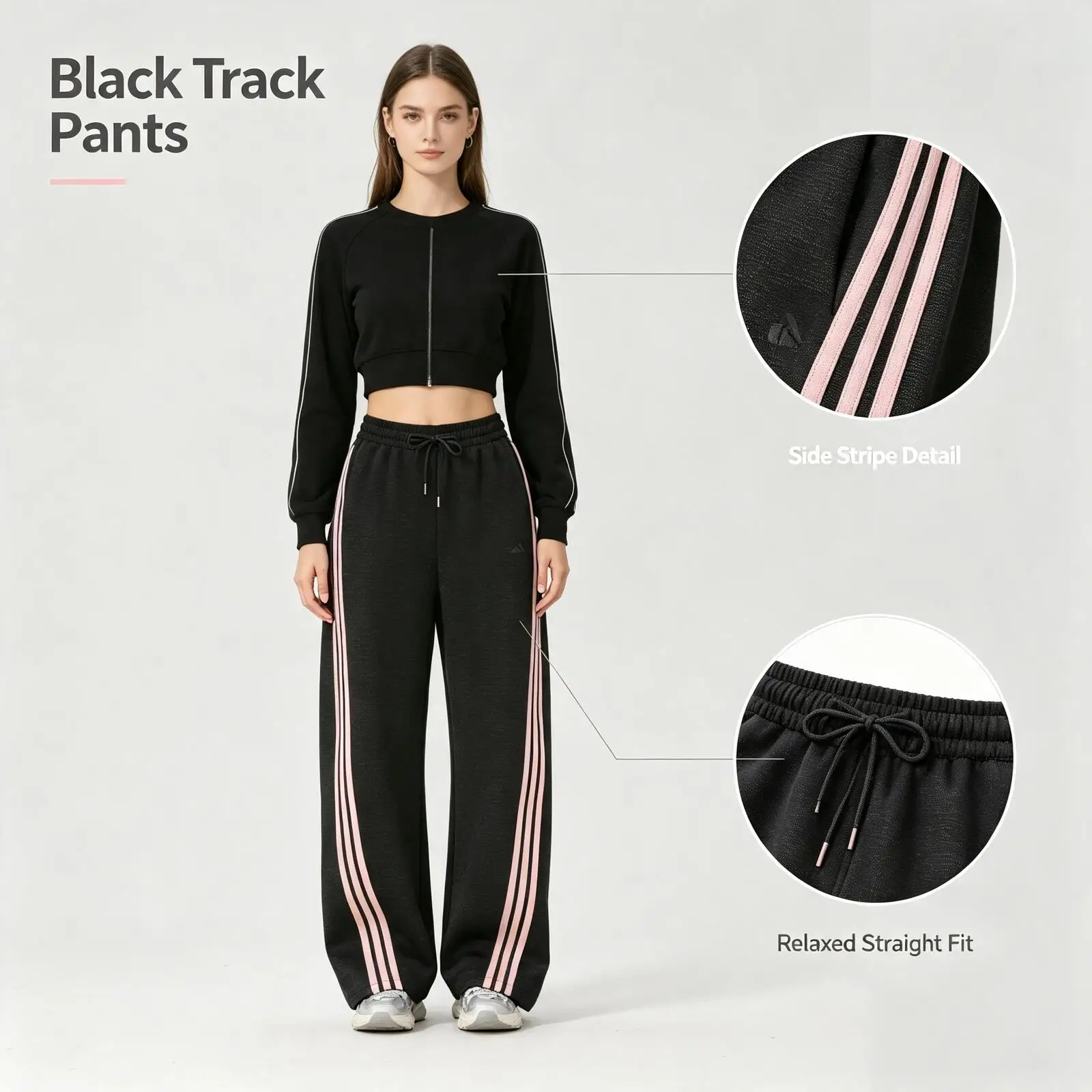 Adidas Black Track Pants Women Side Stripe Soft Fabric Relaxed Straight Fit Casual Active Sport Pants Kx8912