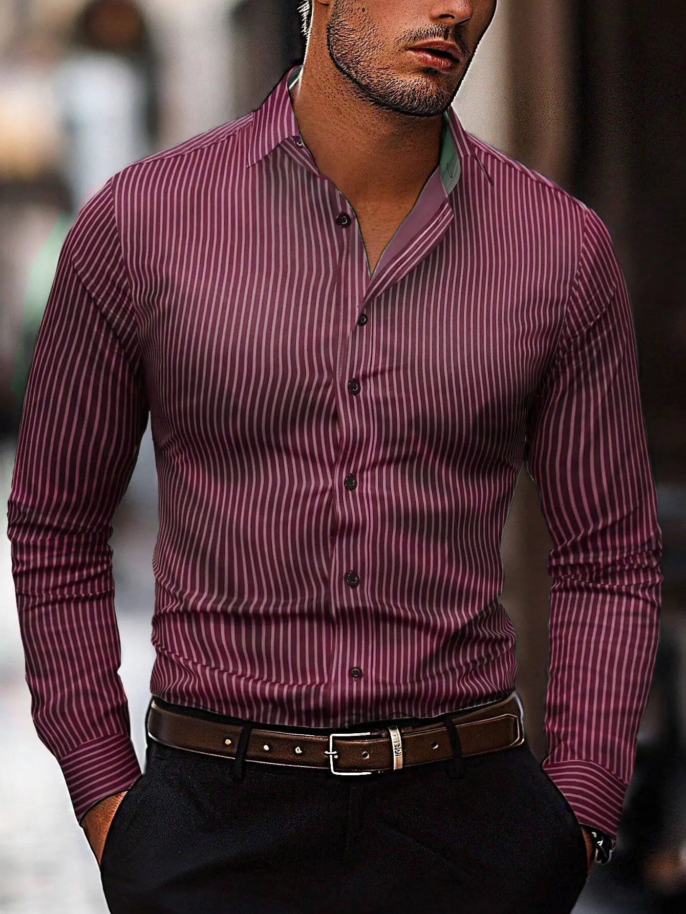 Men\'s fashion striped pattern shirt, casual breathable lapel button long -sleeved shirt comfortable and soft fabric shirt