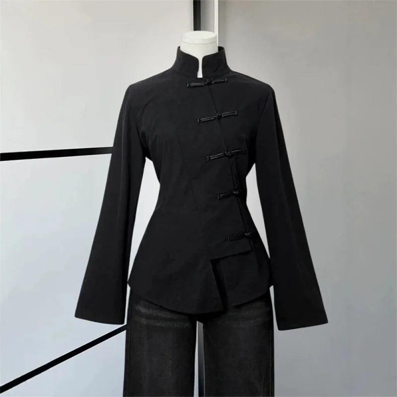 Dark style new Chinese style slanted collar with buckle and stand up collar, cinched waist, slimming long sleeved top