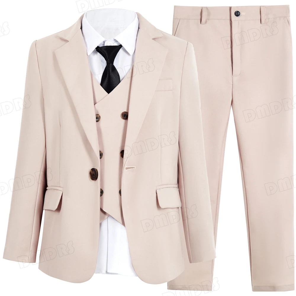 Beige edle Jungen anzug Set ein Knopf solide Kinder 4 Stück Anzüge Blazer Weste Hosen Krawatte formellen Smoking für Kind 3-4 Jahre