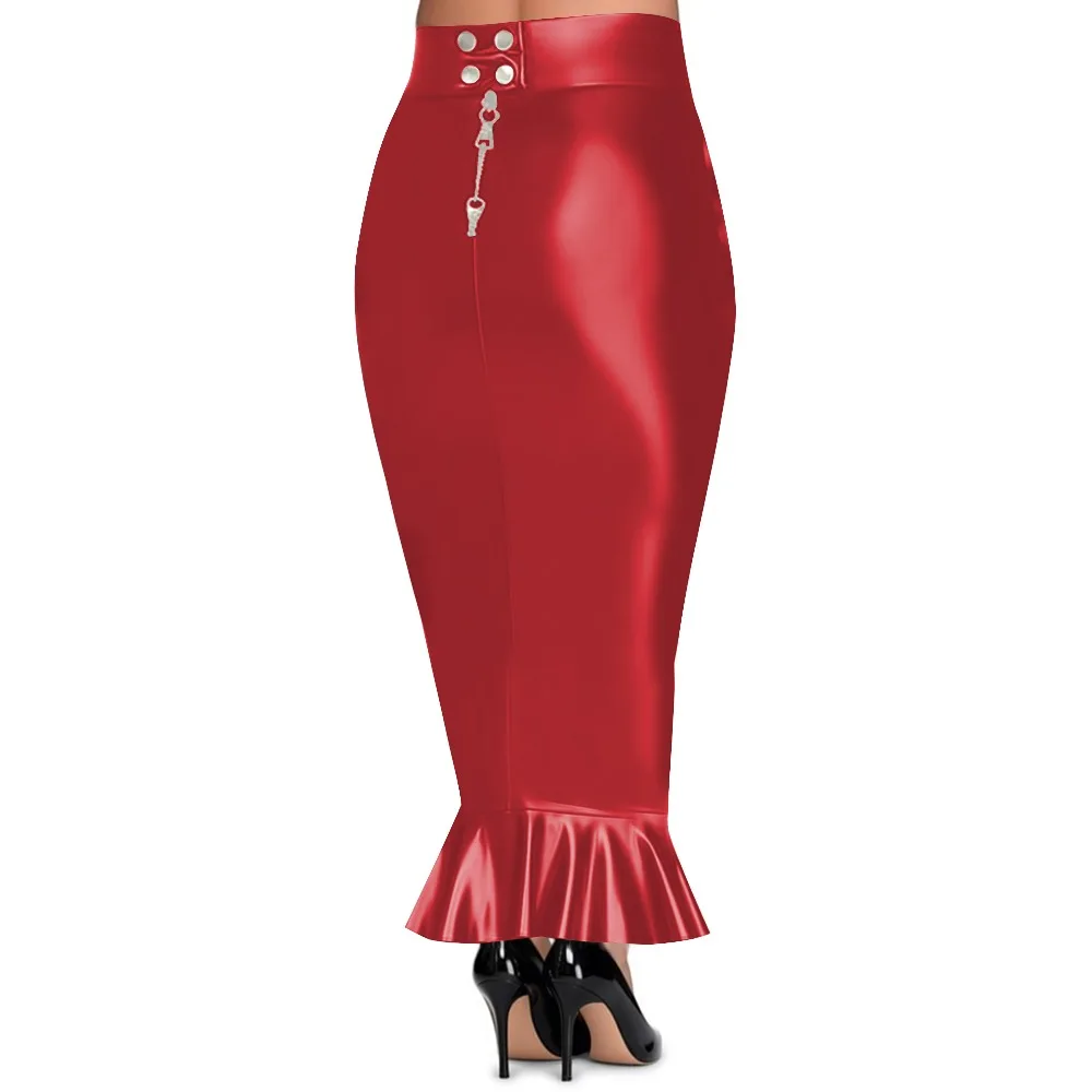 

Plus Size Women's High Waist Long Hobble Skirt Lockable Zipper PU Leather Bodycon Mermaid Skirt Sissy Club Party Tight Skirts
