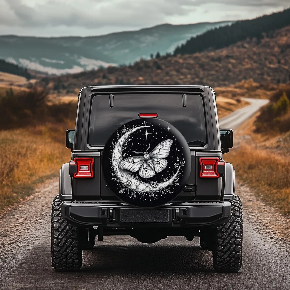 Celestial Moth Tire Cover Crescent Moon Graphic Spare Wheel Protector for Jeep SUV Truck