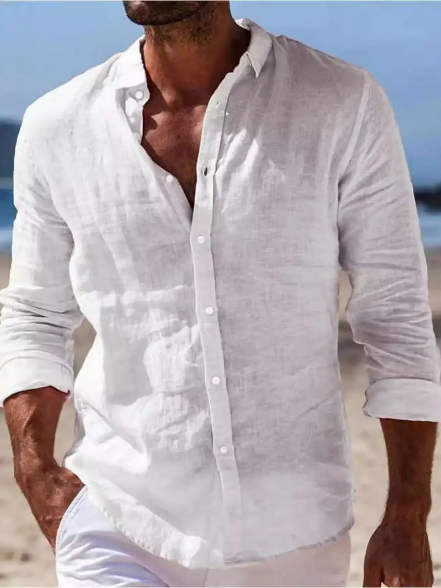 

Мужская повседневная рубашка на пуговицах из хлопка и льна с длинным рукавом, однотонная, с цветным воротником, для весны, лета и осени, на каждый день