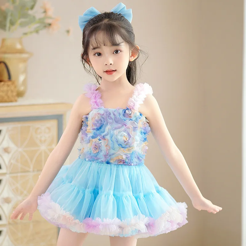 

2023 Summer Fashion Girls Colorful Flowers TUTU Princess Dress 1-6 Years Children Puffy Dress Cute Splice Sling Mesh Dress