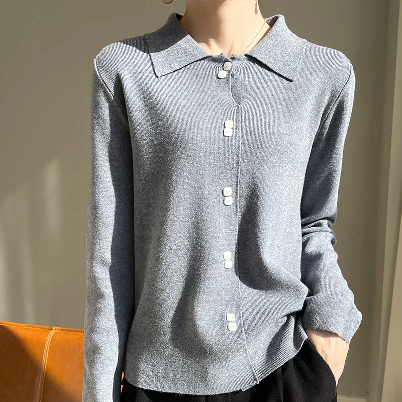 2024 New Lapel Neck Long Sleeve Cashmere Cardigan Women Sweater Coat Top