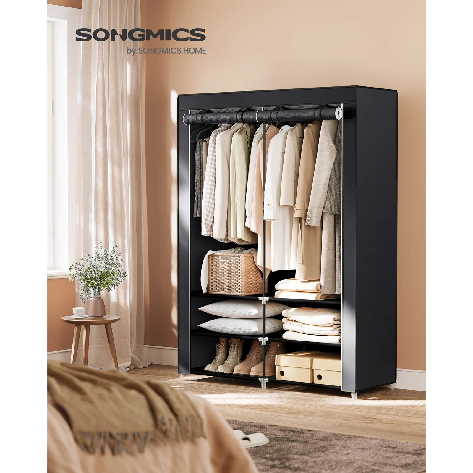 Armoire de chambre à coucher en T, Porte-vêtements, Penderie, Noir RYG008B02, 45x127x176 cm, 2 armements de suspension