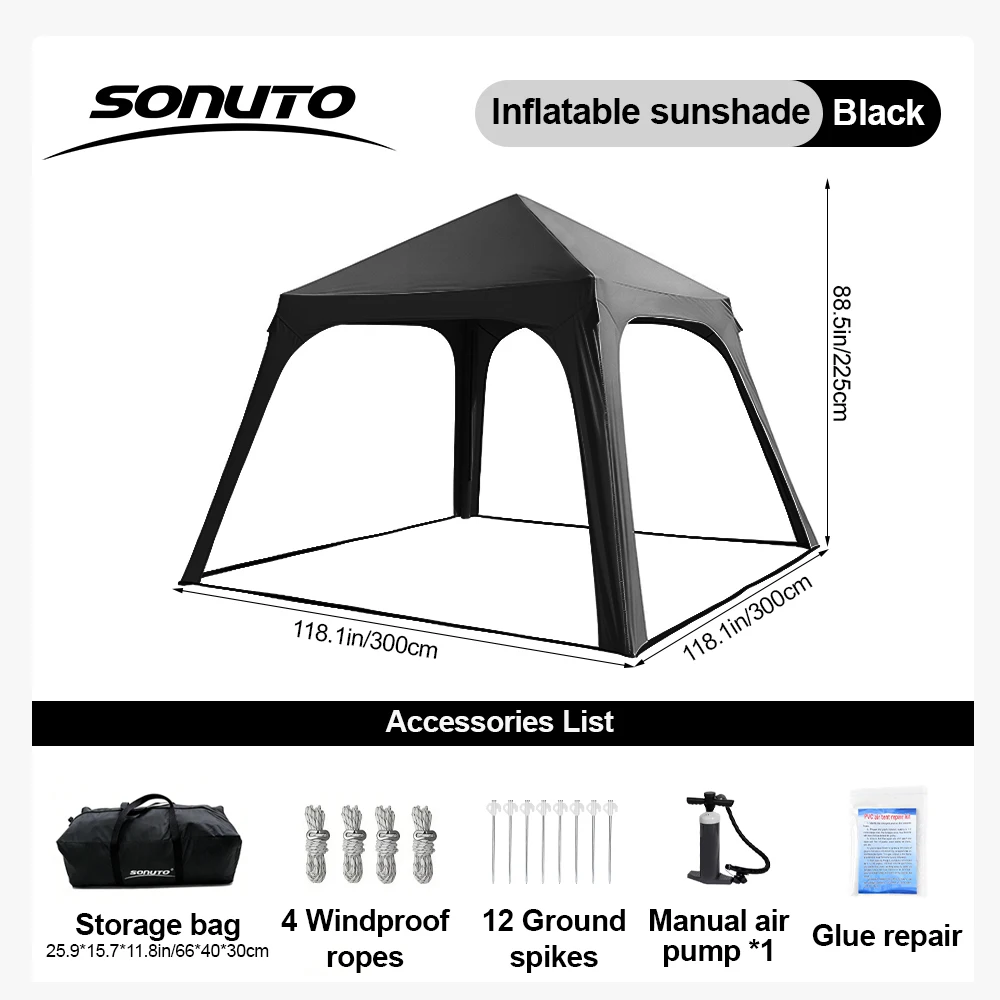 Sonuto Opblaasbare Kampeertent met Luifel, 4-6 Persoons 4-Seizoenen Lucht Tent, PU3000mm Waterdichte Glamping Tent, Direct Opzetbare Cabin - afbeelding 1