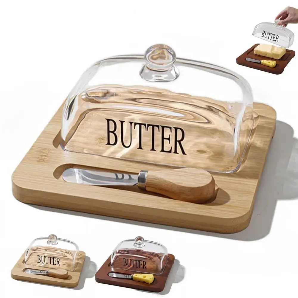 

with Glass Lid Glass Butter Dish with Cutter Reusable with Bamboo Tray Nordic Style Butter Case Multi-purpose Airtight
