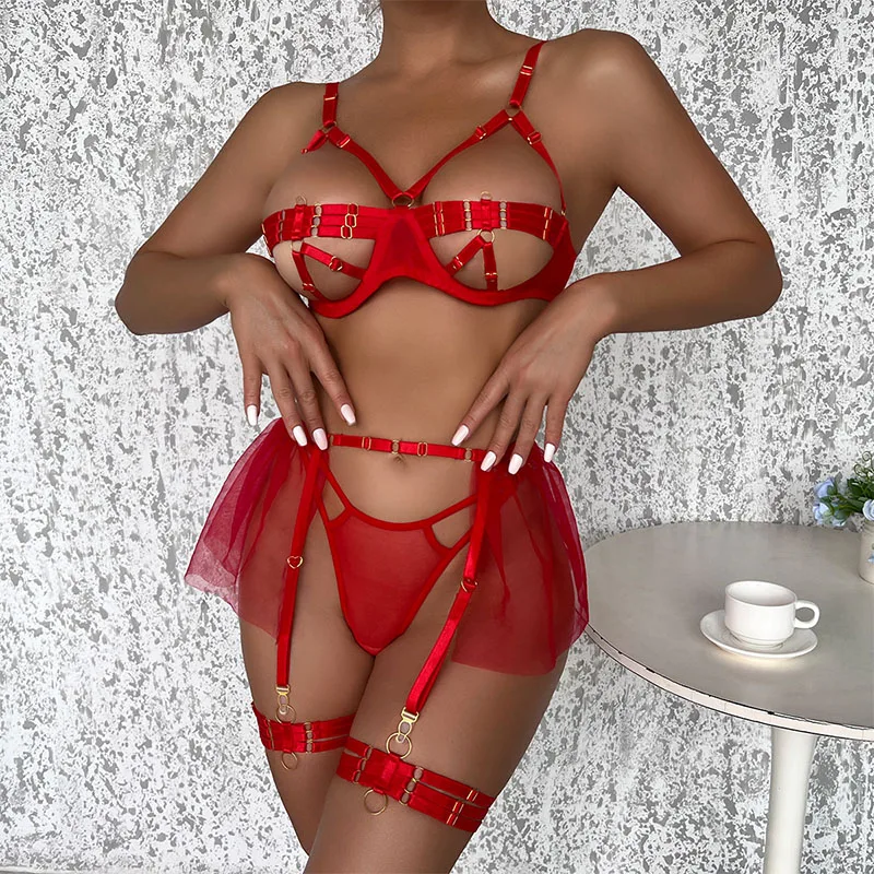 

Romantic Red Underwear Set Perspective Sexy Strap Complex Heavy Craft Lace Lingerie Pink Female Bra and Panty Suit 4-piece 2023