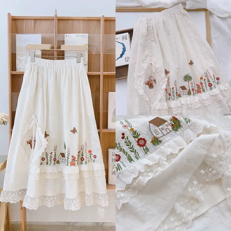 Sweet Lace Embroidery Skirts Women Vintage Elastic Waist Casual Japanese Mori Girl Cotton A-Line Skirt