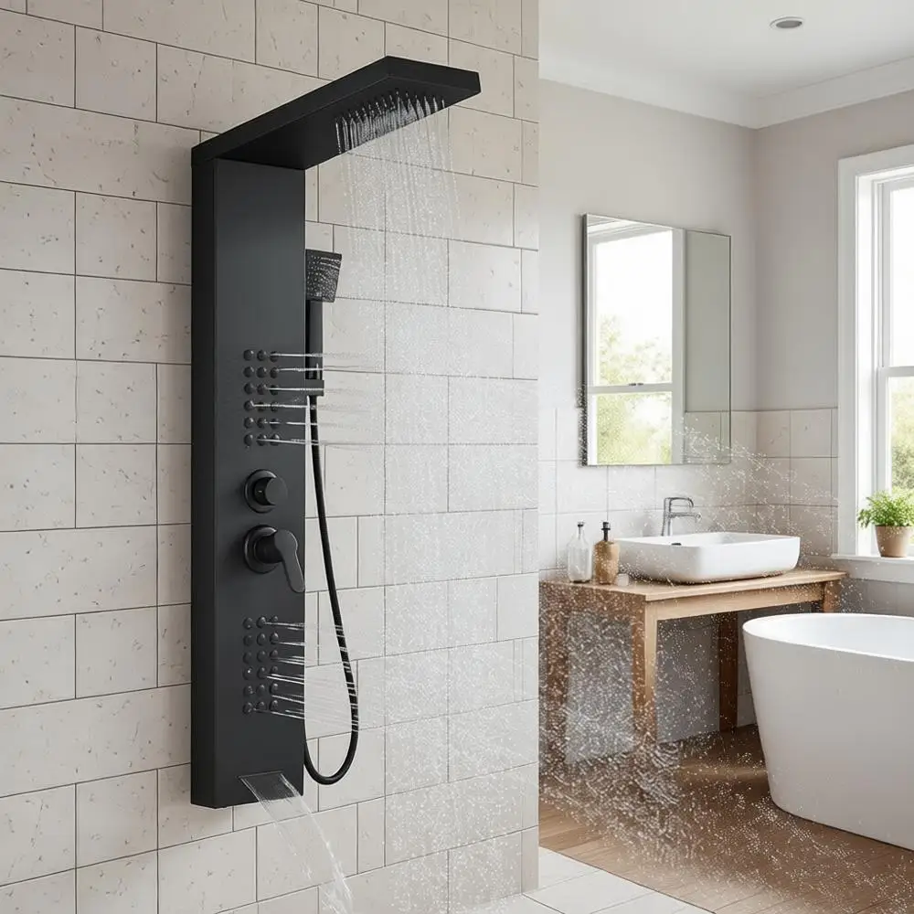 Shower Panel Tower System with Rainfall Shower, Matte Black Shower Tower with Powerful Body Jets, Handheld Shower and Tub Spout,