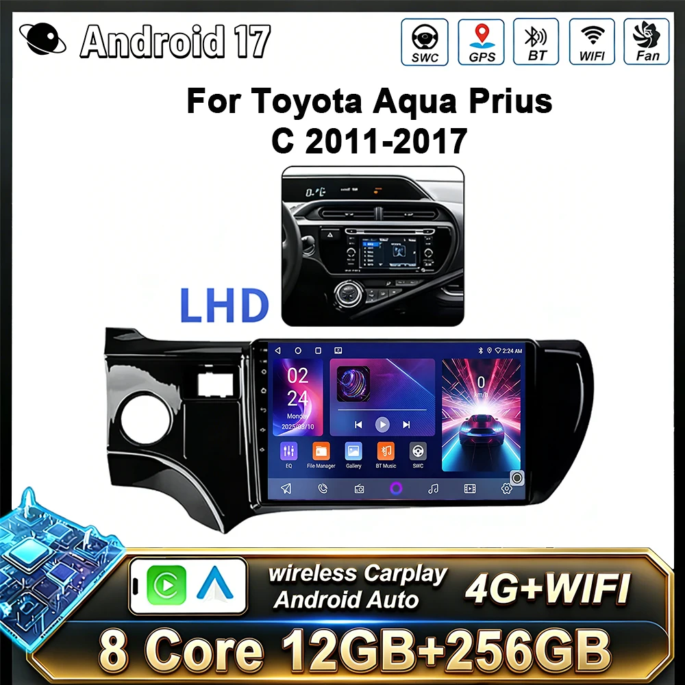 Radio Multimedia para Auto Android 17 para Toyota Aqua Prius C 2011-2017, Reproductor de Video, Navegación Estéreo GPS, Carplay Inalámbrico, DSP, WIFI