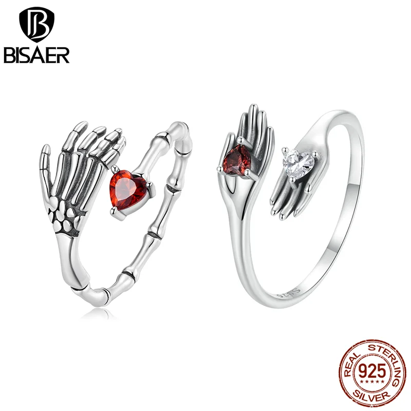 BISAER 925 Sterling Silver Retro Guard Open Ring Red Heart Zircon Adjustable 5-9 for Hip-hop Punk Party Women Fine Jewelry Gift