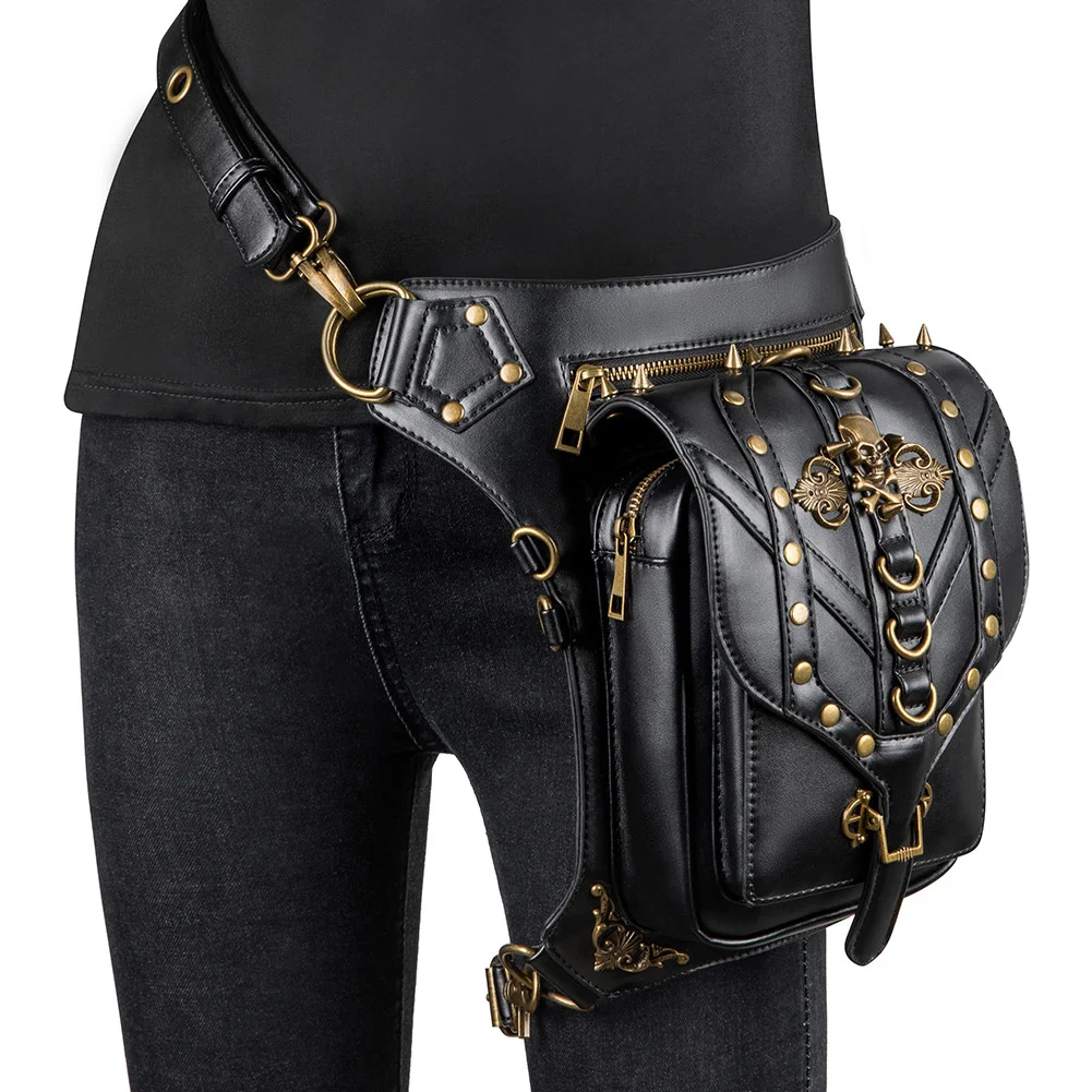 

Steampunk Black Retro Skull Rivet One Shoulder Crossbody Phone Waist Bag Halloween Cosplay Accessories For Adult Unisex Dress Up