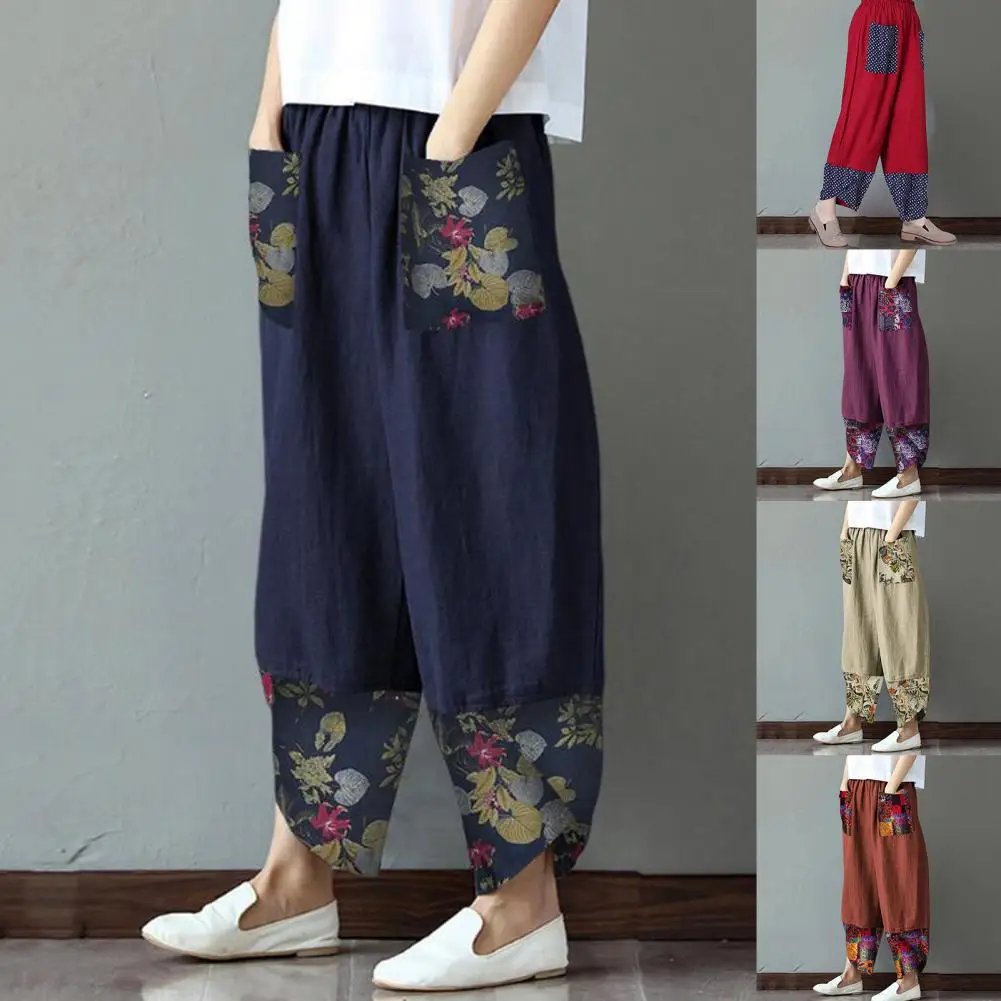 Vintage Printed Harem Pants Women Trousers Casual Elastic Waist Cotton Linen Wide Leg Pants Loose Summer Plus Size Pant