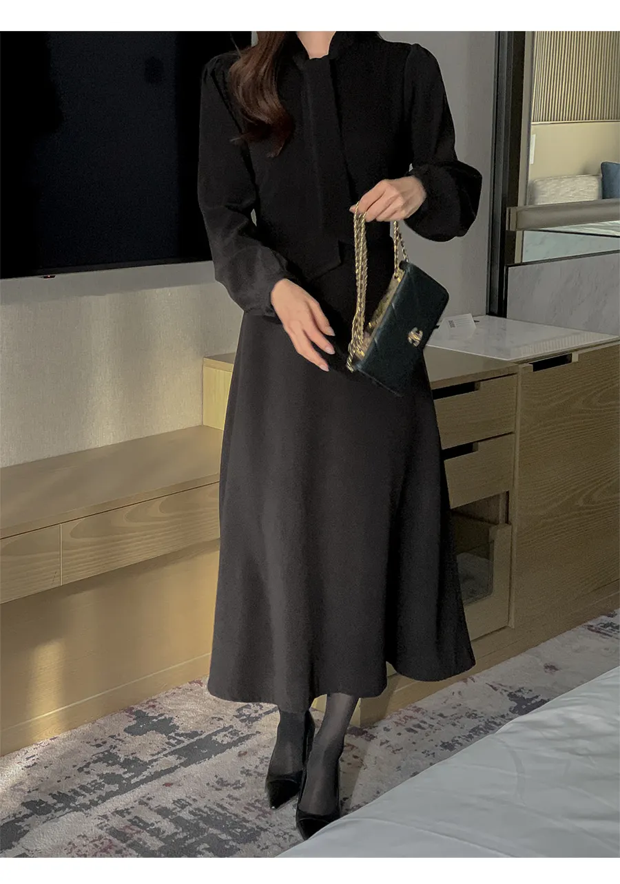 

Korean style Temperament streamer waist strap-up thin bubble sleeve dress