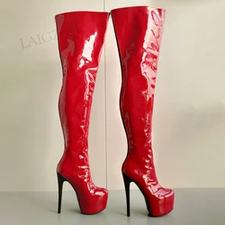 BERZIMER Women Thigh High Boots Platform Shiny Back Zip Up High Heels Over Knee Boots Ladies Shoes Woman Big Size 41 43 46 50 52