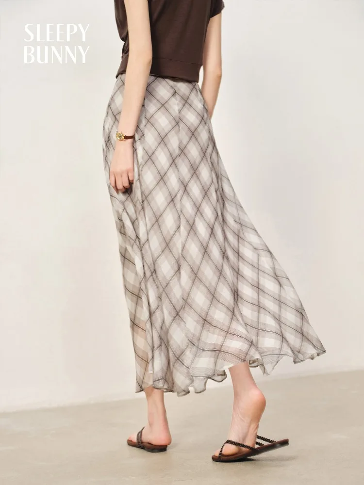 Retro Plaid Chiffon Skirt Women Summer Lightweight High Waist A-Line Flowing Midi Skirt Vintage Fit Casual Mesh Skirt Daily Wear