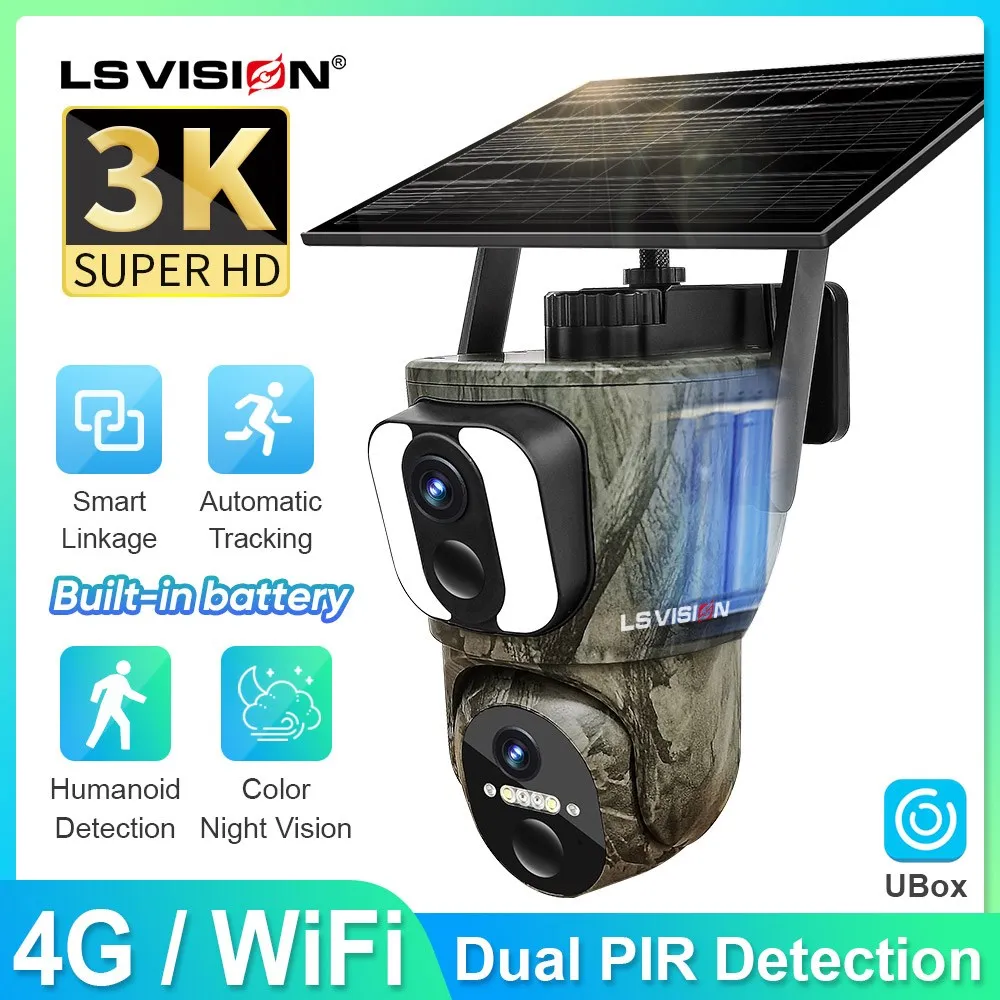 LS VISION 4G Solaire Caméras de Sécurité Sans Fil wifi En Plein Air 3K HD Vidéo Surveillance Faune Vision Nocturne Humaine/Animal Détection