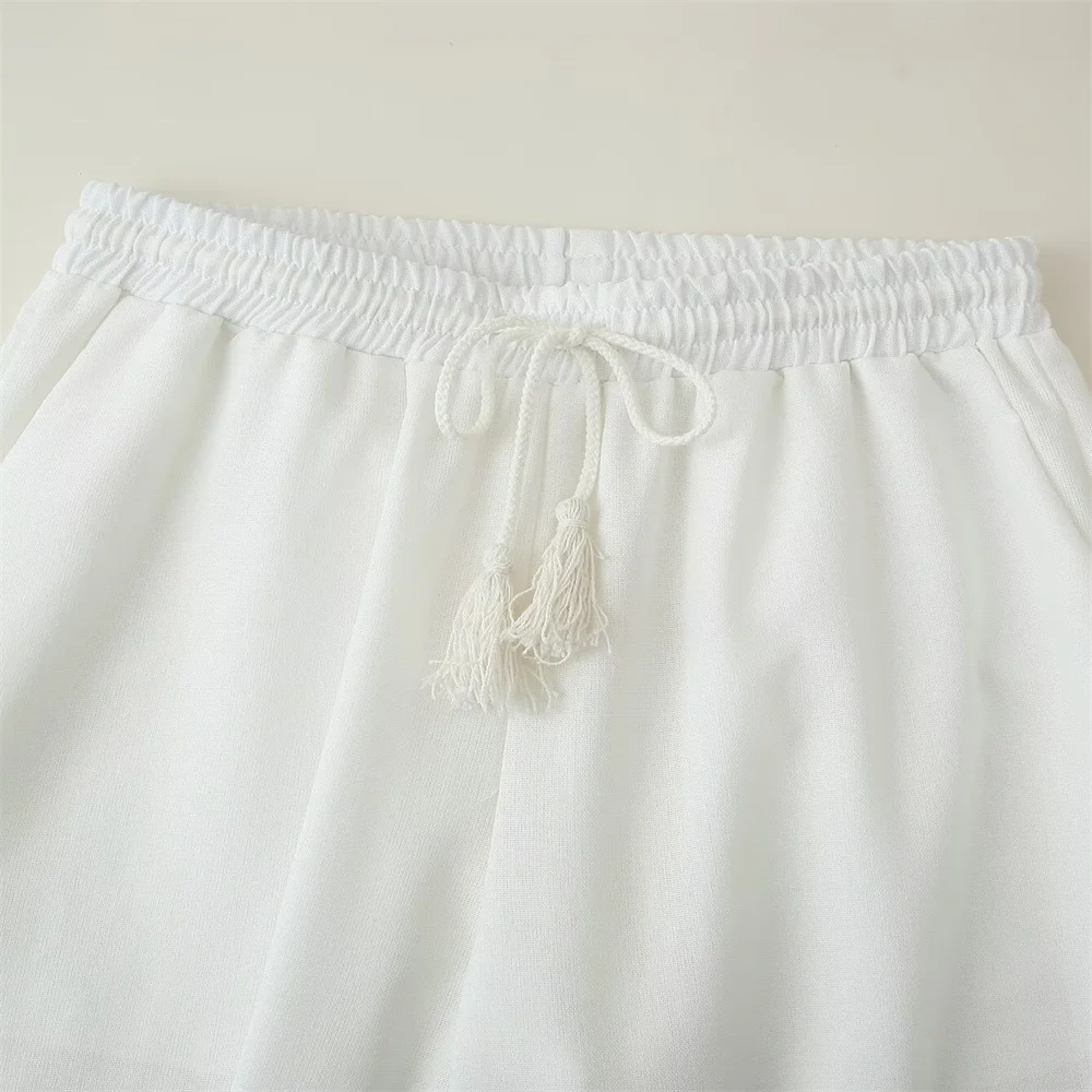 レディース綿麻タッセルレースアップ刺繍シャツ、刺繍カジュアルパンツ、万能