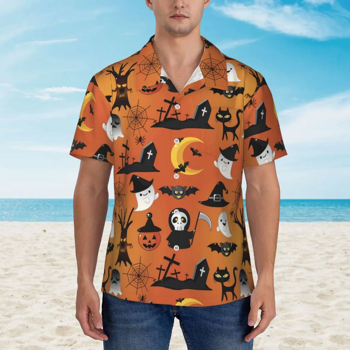 

Happy Haunts Casual Shirt Cartoon Halloween Novelty Hawaii Shirts Mens Short Sleeve Beach Street Style Design Oversized Blouses