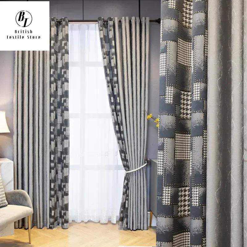 Modern Gray Bird Grid Stitching Blackout Jacquard Curtains for Living Room Bedroom Dining Luxury Window Drapes Shading Custom