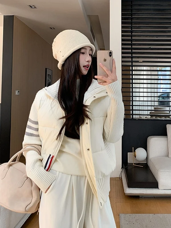 

Unique Super Cute Knitted Splice Cotton Jaet Women's Winter New Sle Warm Cotton Clothes Outerwear Korean Loose Fit Zipper