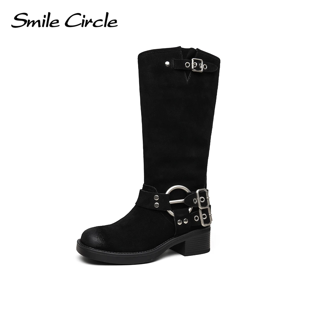 

Smile Circle Women Martin Boots Vintage Scuffed Belt Buckle Comfort Cowhide Suede Western Cowboy Round Toe Women Shoes