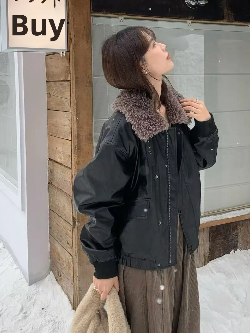 Chaqueta de Cuero PU Hoada con Cuello de Piel Estilo Retro Chic para Mujer, Ropa de Motocicta de Estilo Urbano, Prenda E...