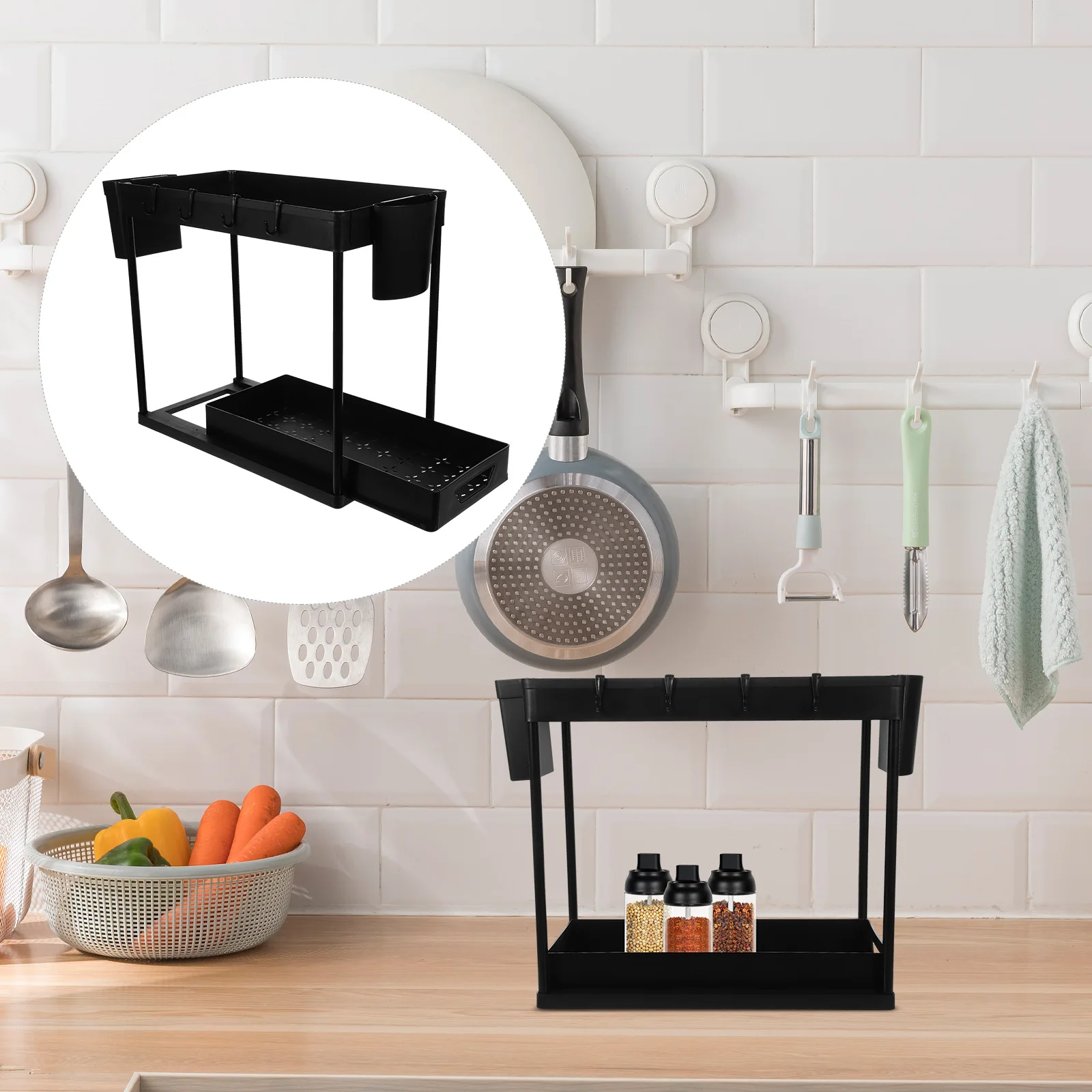 

Double Layer Spice Rack Kitchen ganizer Black 2 Tier Sliding Storage Shelf Condiment Holder Hollow Design Water Drainage