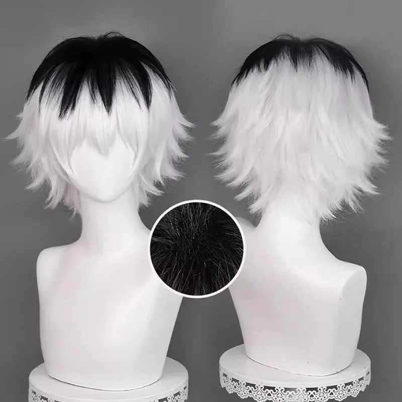 Anime Sasaki Haise Cosplay Wig 30cm White Mixed Black Short Heat Resistant Synthetic Hair+Wig Cap