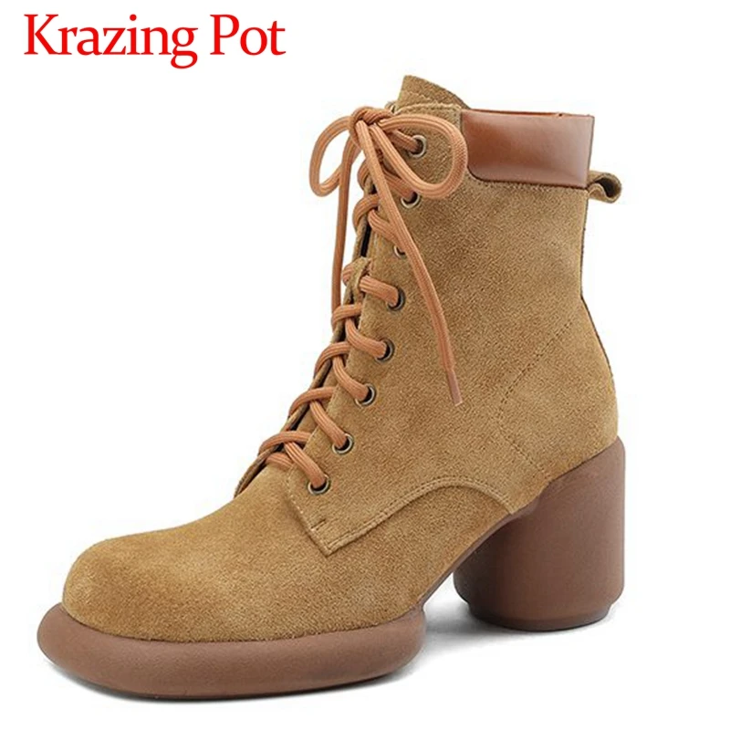 

Krazing Pot Cow Suede Round Toe Thick High Heel Motorcycles Boots Splicing Cross-tied Vintage Platform Formal Ins Ankle Boots