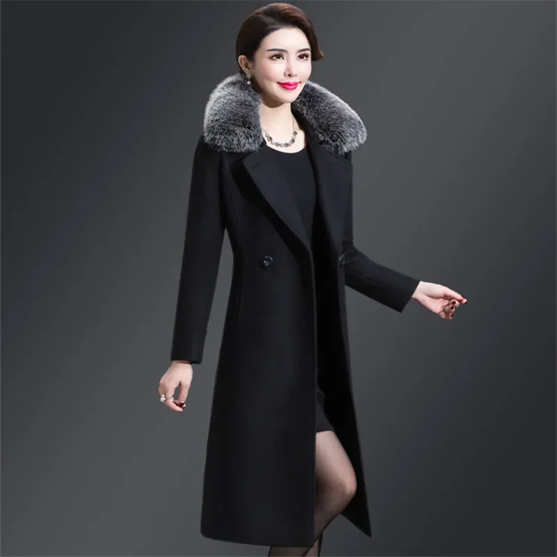 2023 New Winter Jacket Women Wool Coat Big Fur Collar Woolen Blend Coat Elegant Long Overcoat Outwear Manteau Femme Hiver