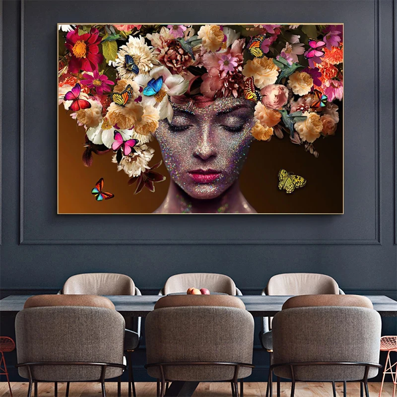 Abstract Flowers Head Woman Posters Prints Hair Butterfly Canvas Painting Wall Art Pictures