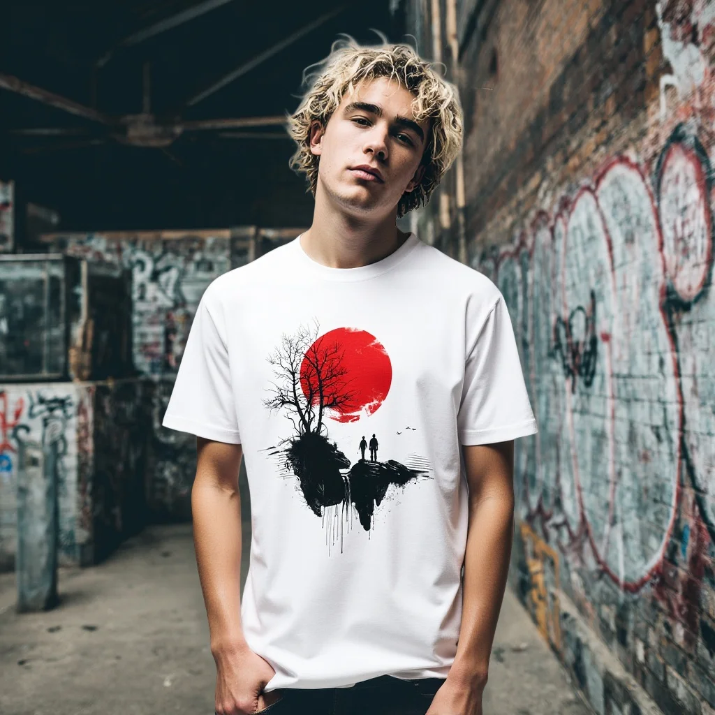 

Teevo Men's Casual T-Shirt Abstract Tree and Red Circle Print Urban Streetwear