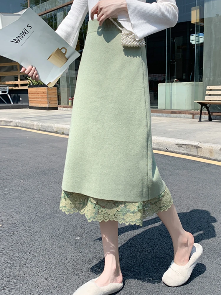 

2023 Spring Autumn Elegant Vintage Knitted High Waist Midi Skirt Female