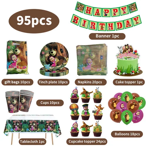 Mascha und der Bär Geburtstagsdekoration Tischgeschirr Becher Teller Tischdecke Ballon Banner Hintergrund Geschenktüten für Kinderparty-Zubehör – Detail 5