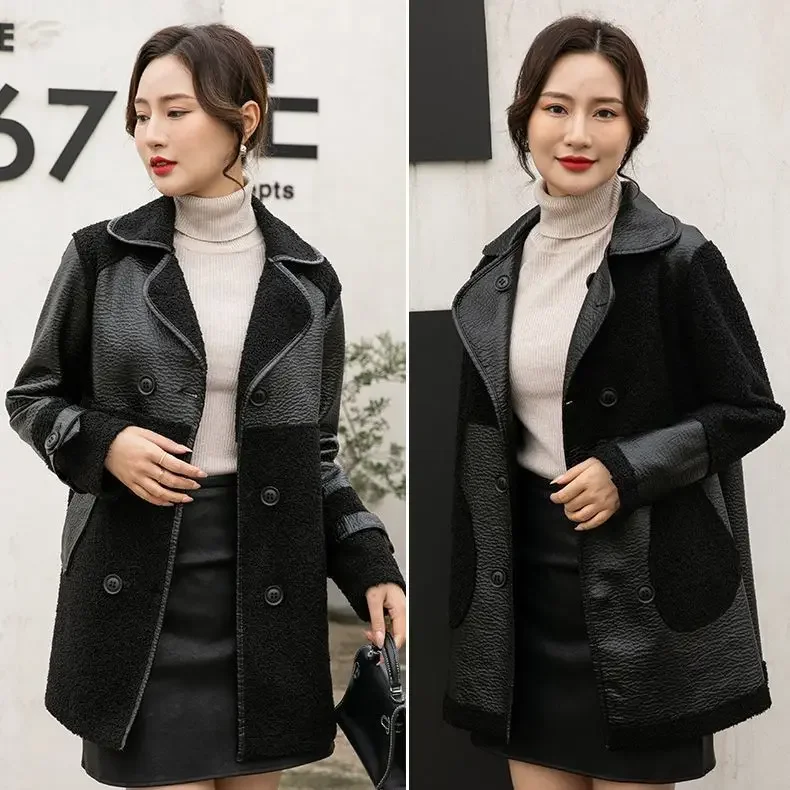 New Autumn Winter Women Double-faced Fur Leather Jackets  Fleece Warm Long Jackets Double Sided Loose Casual Leather Jackets