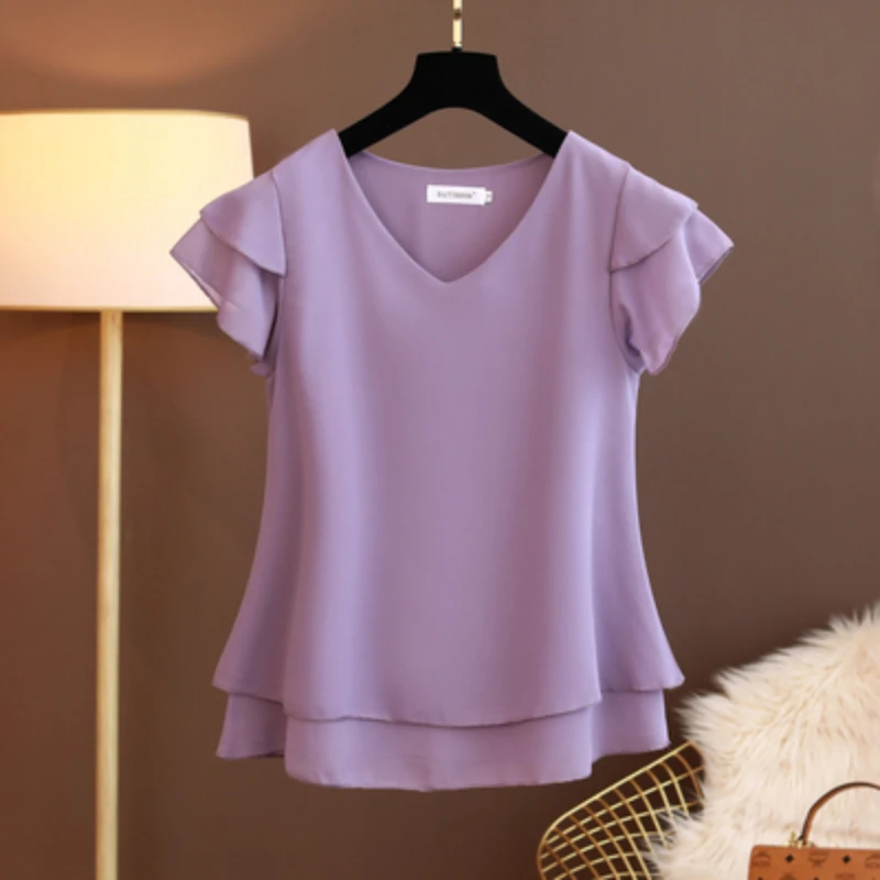 Fashion Brand Spring Summer Short-sleeved V-neck Chiffon Shirt Tops Large Size Loose and Thin Women Casual Shirts Shirts Blouses