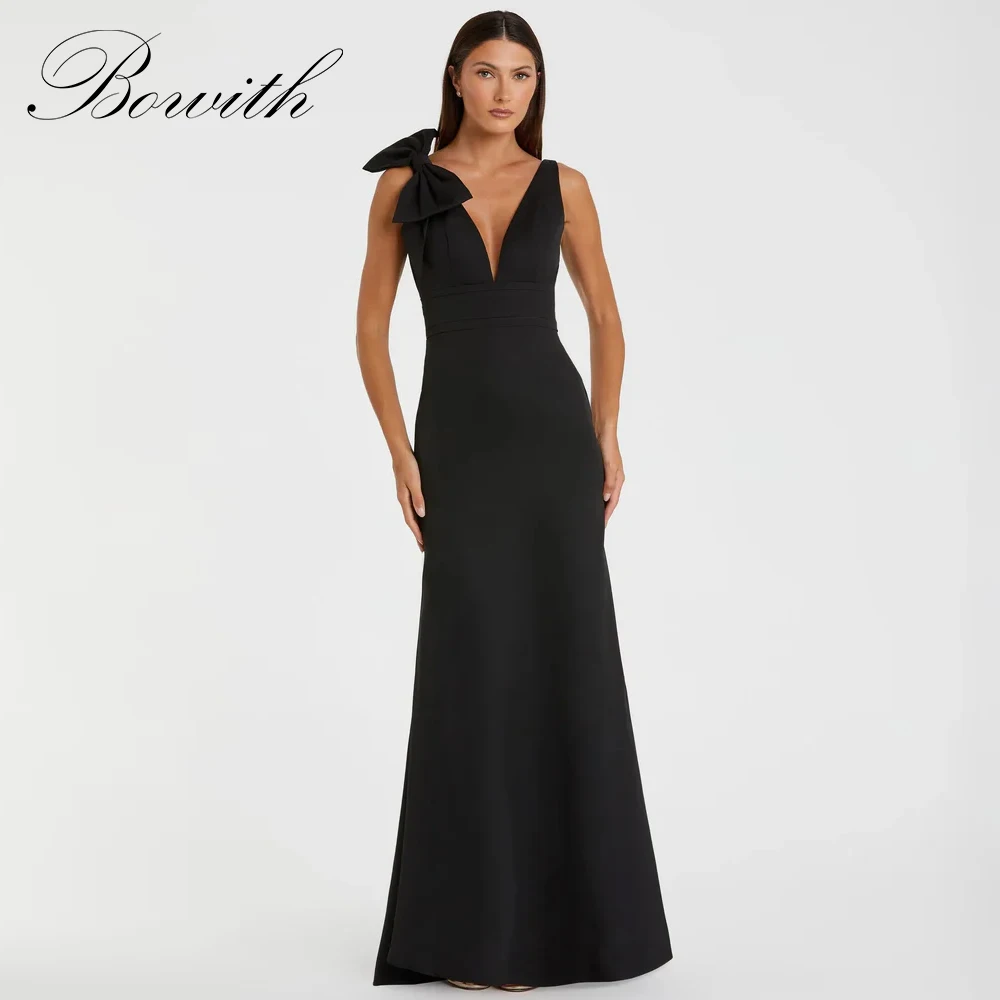 

Bowith Black Mermaid Evening Dresses Deep V-Neck Bow Backless Prom Dresses Customized Floor-Length Elegant Party Dresses
