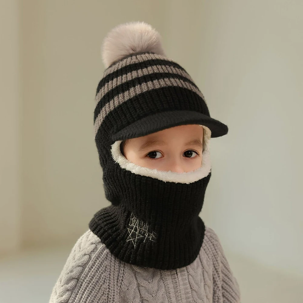 Winter Baby Knitted Hat Scarf Kids Boys Girls Hood Hats Toddler Earflap 𝐁eanie With Neck Warmer Pompom Outdoor Snowball Hat