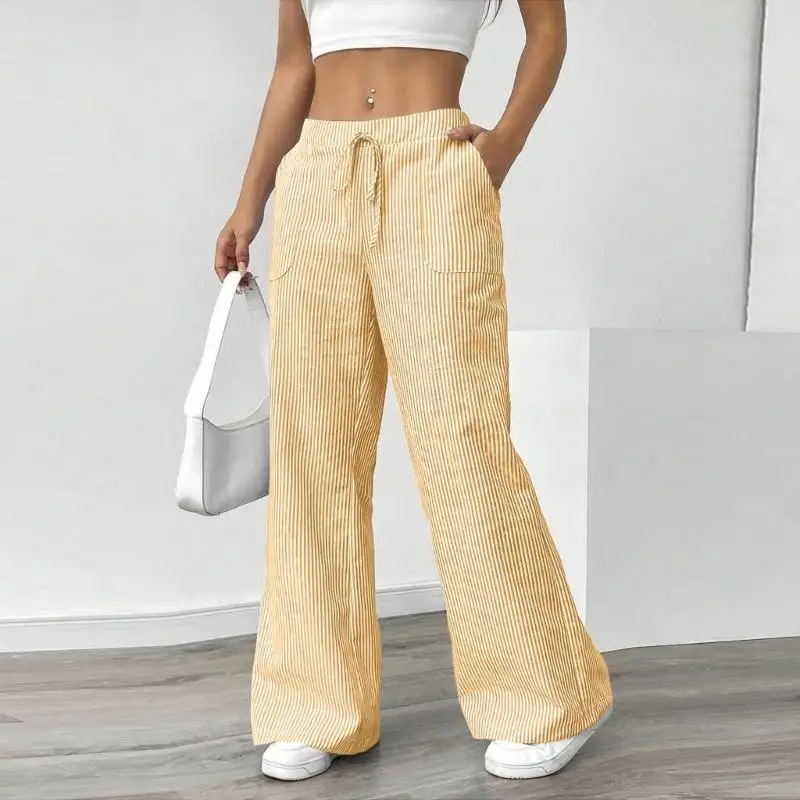 レディース ワイドレッグ ストライプ ドローストリング ローライズ カジュアル ルーズ パンツ ポケット付き F3MD